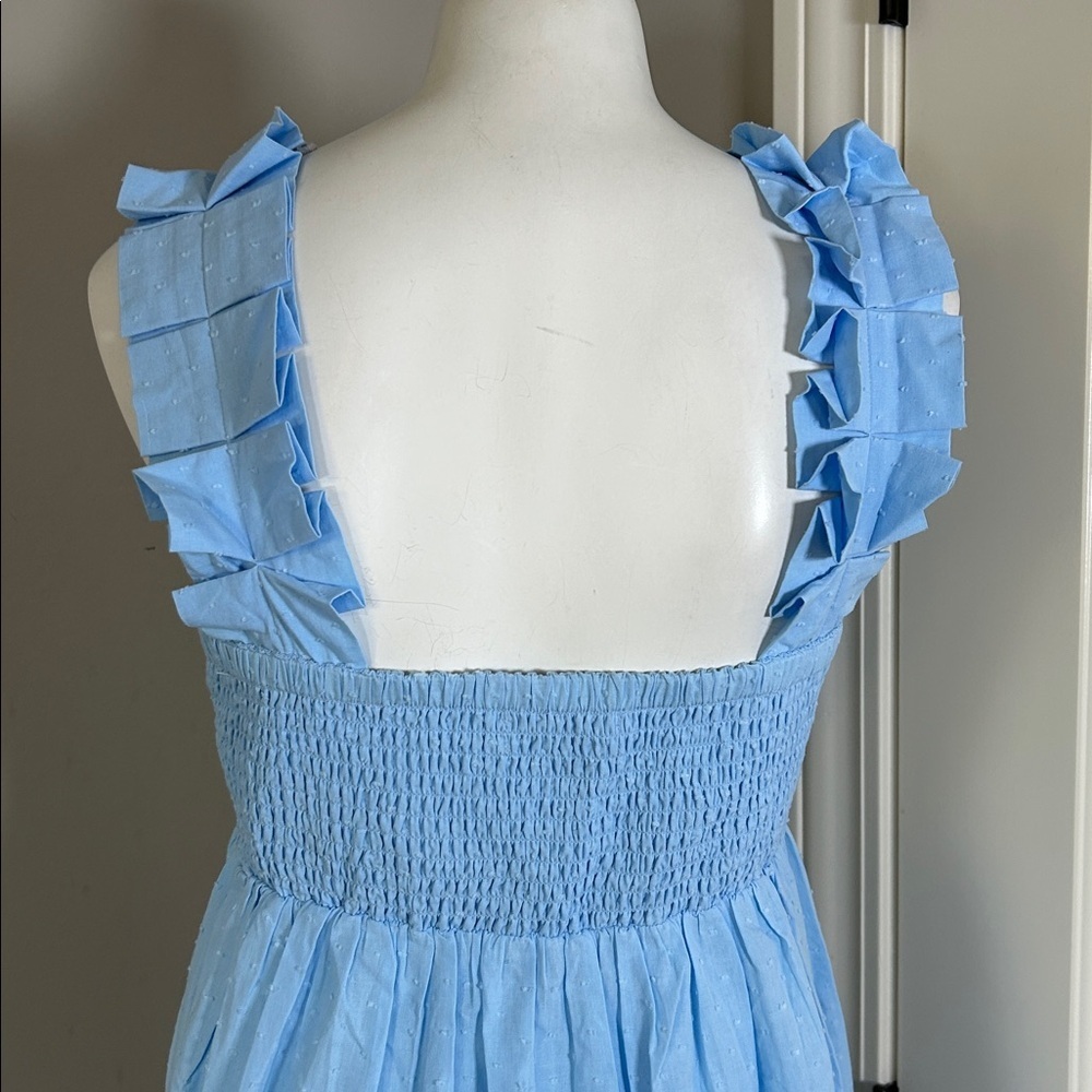 Lake Pajamas Lolly Dress in Morning Blue Swiss Dot Midi Pockets Sz S NEW - Picture 10 of 15